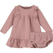 long sleeve ribbed dusty pink dress with a ruffle on the shoulder and the hem with matching bloomer