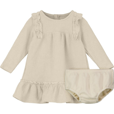 long sleeve ribbed cream dress with a ruffle on the shoulder and the hem with matching bloomer