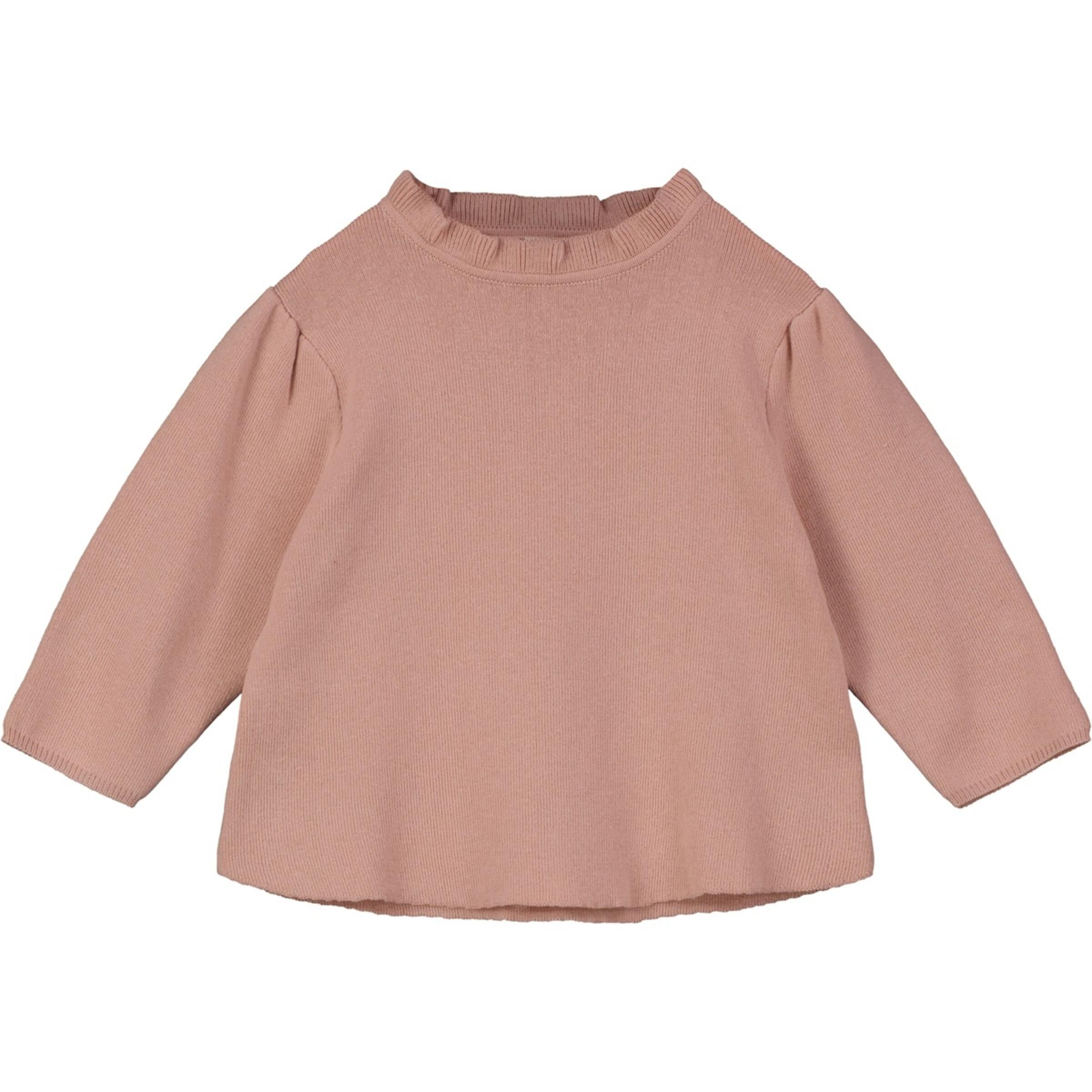long sleeve dusty pink sweater with ruffle detail at the neck