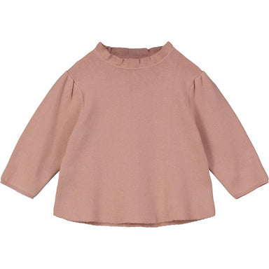long sleeve dusty pink sweater with ruffle detail at the neck
