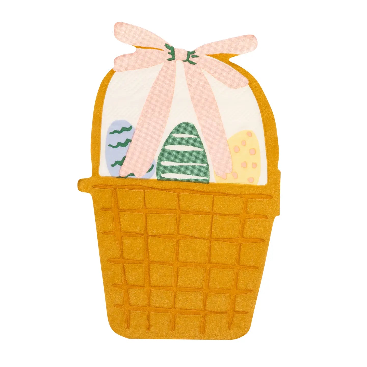 Yellow woven basket with a pink bow and Easter eggs on a white background