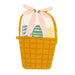 Yellow woven basket with a pink bow and Easter eggs on a white background
