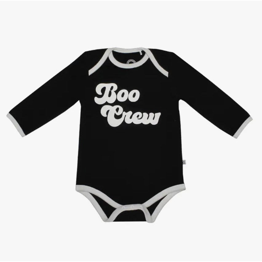 black longsleeve onesie with graphic "boo crew"