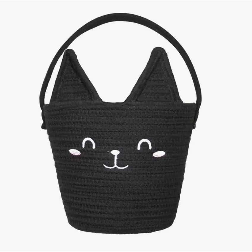 black cotton rope basket with handle and cat embroidery