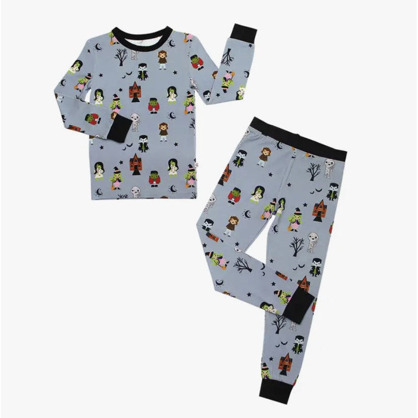 long sleeve grey pajama set with cute "monster mash" print