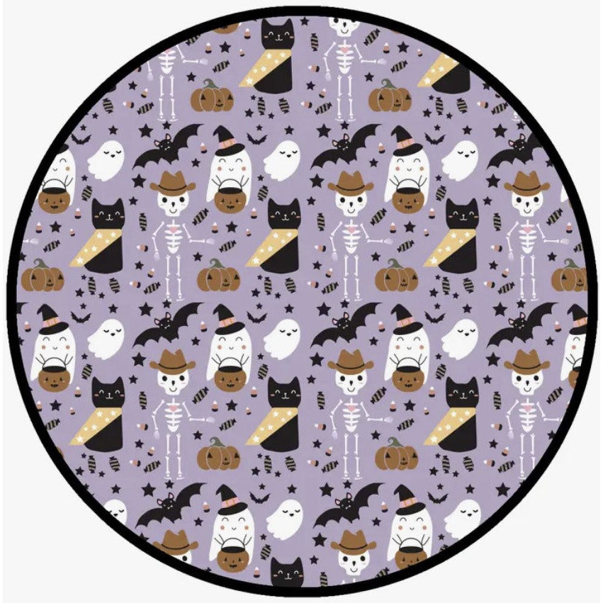 purple spooky cute pattern with ghosts, skeleteons, cats and bats 