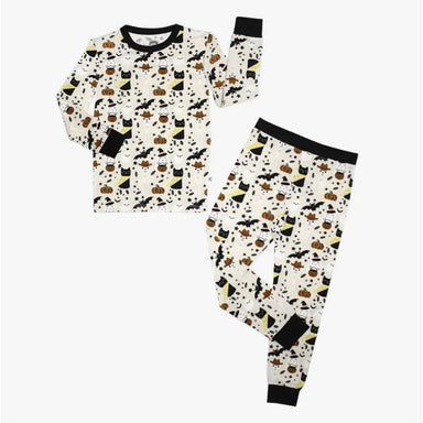 cream colored long sleeve lounge wear set with spooky cute print with cats, skeletons and ghosts