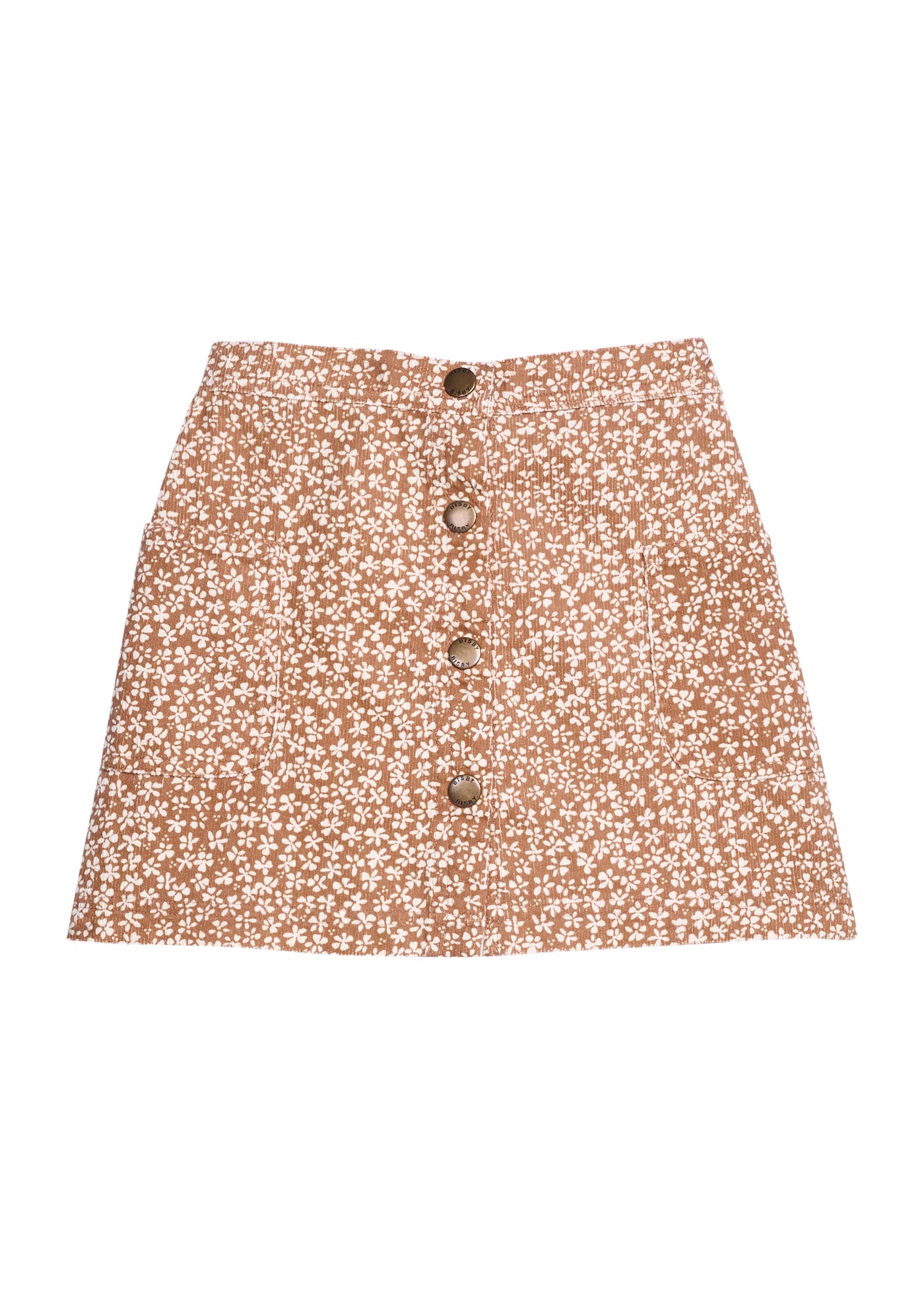 Floral patterned skirt with button details on a white background