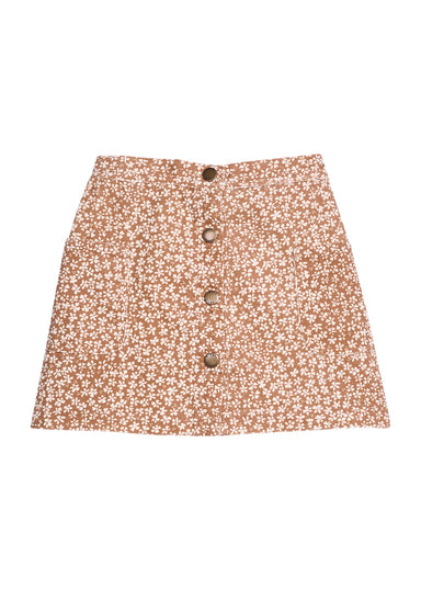 Floral patterned skirt with button details on a white background