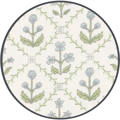Circular fabric sample with floral pattern on a white background