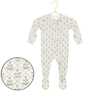 Baby onesie with floral pattern on a hanger against a white background