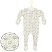 Baby onesie with floral pattern on a hanger against a white background
