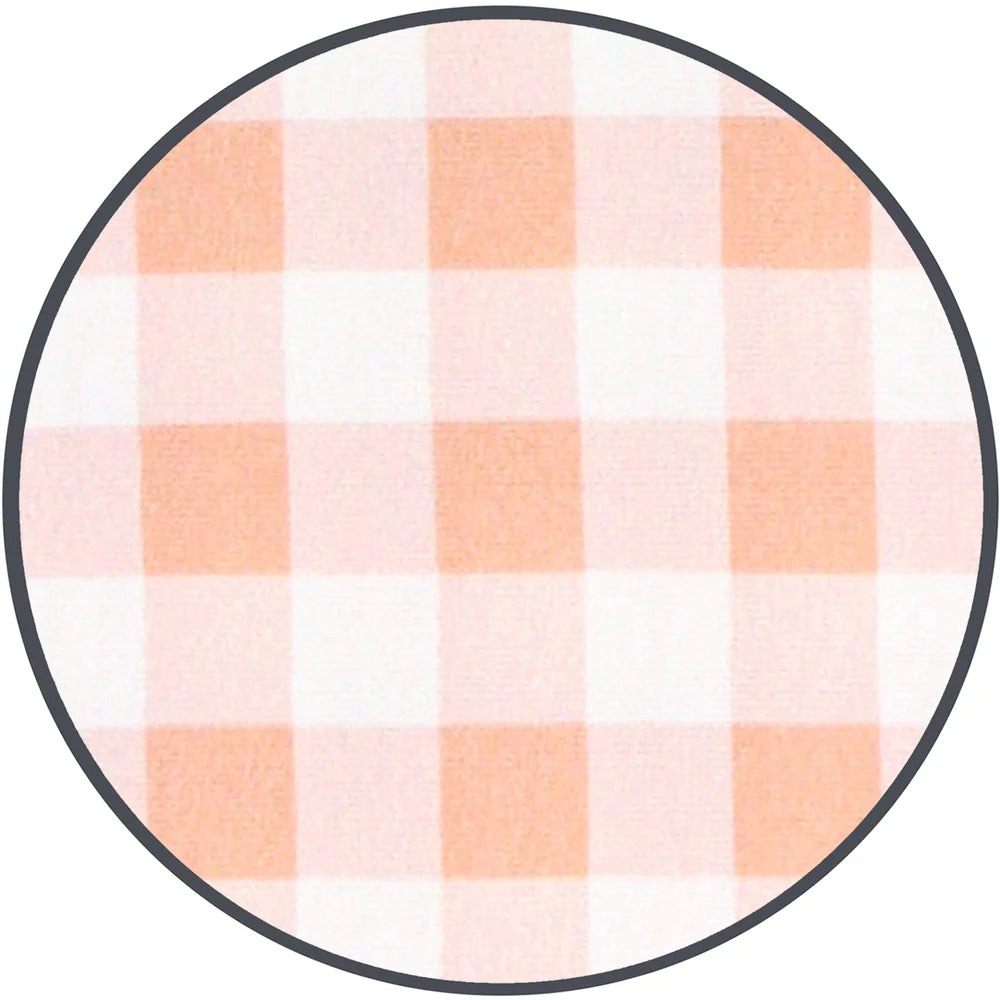 Round fabric sample with pink and white checkered pattern