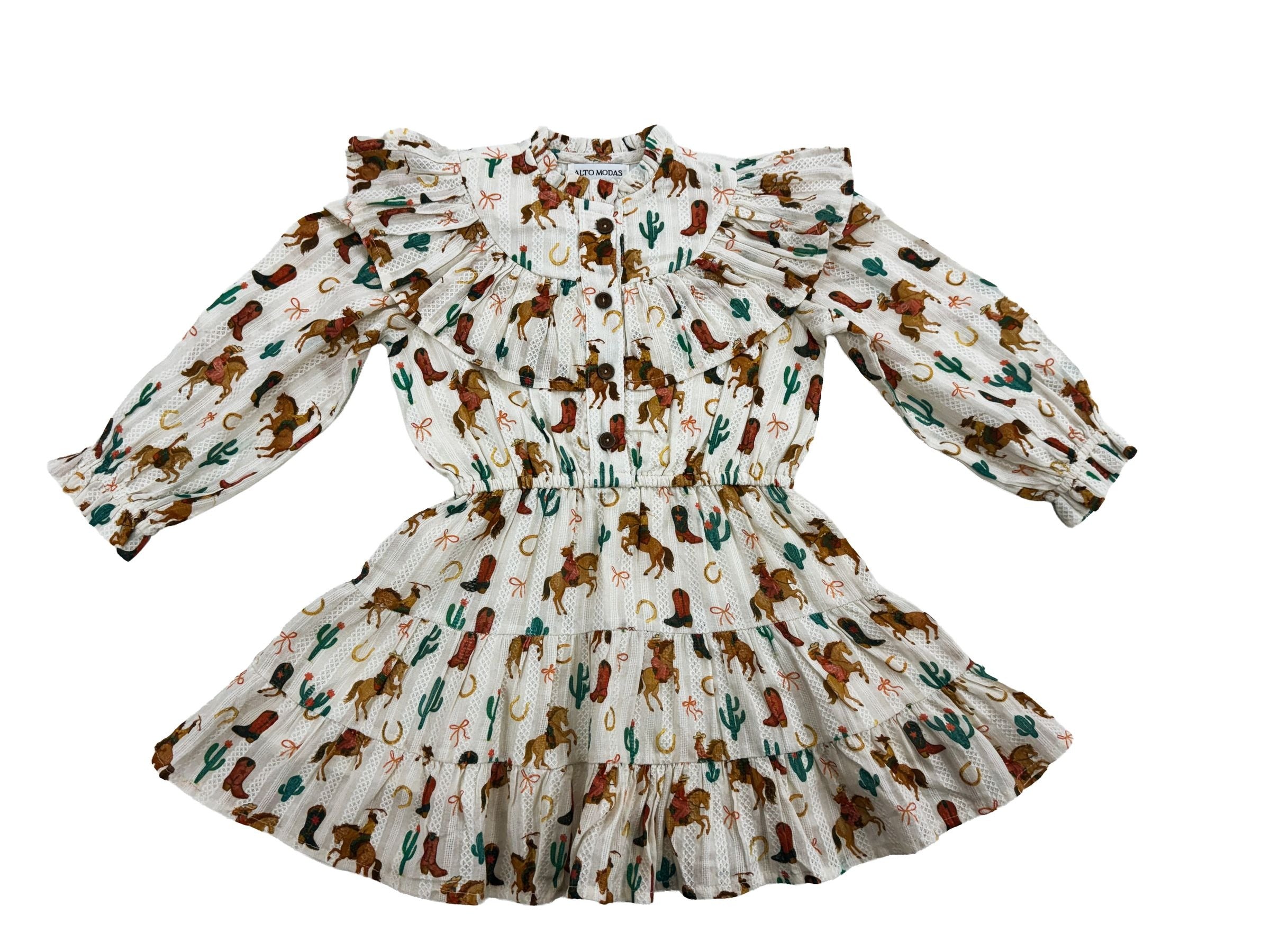 A white tiered ruffle dress with a long-sleeve puff sleeve and a smocked waist, featuring an all-over western print of brown horses, green cacti, and orange horseshoes.