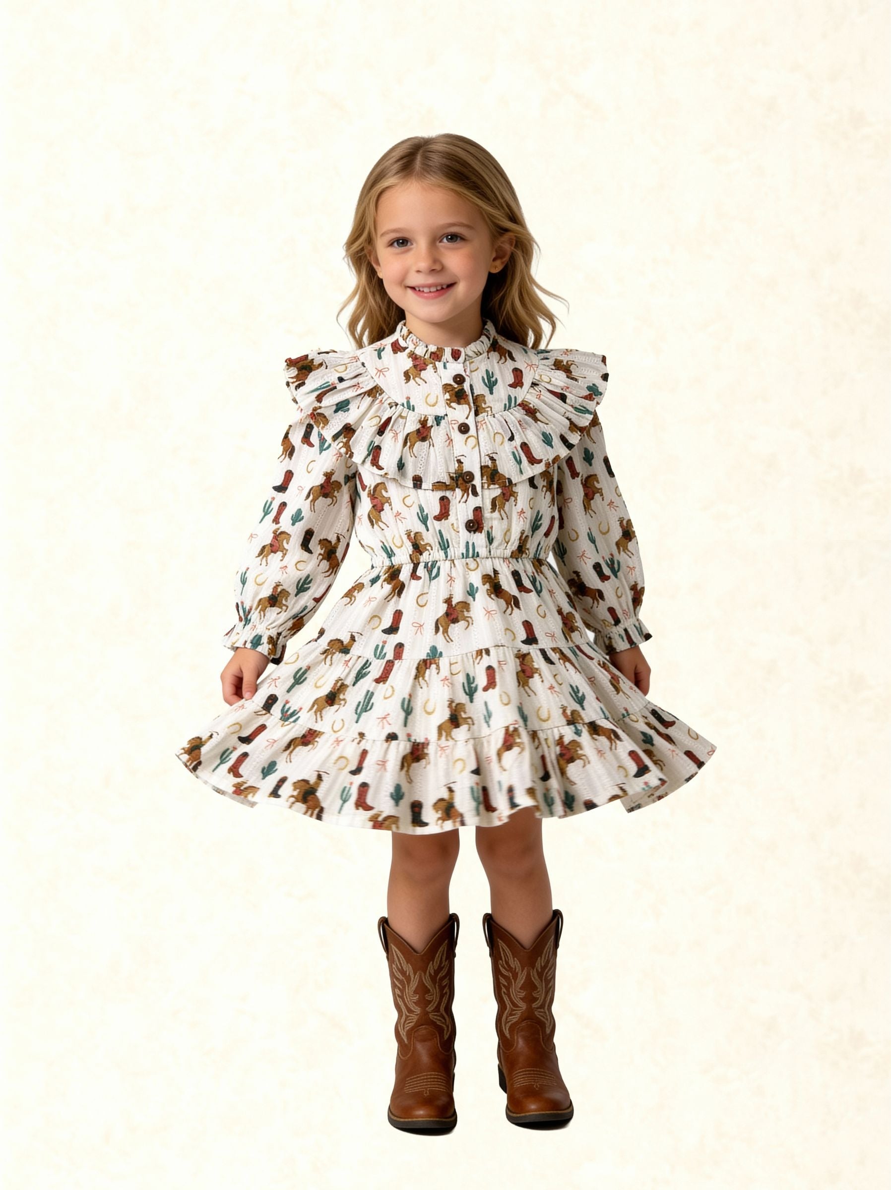 A young girl with blonde hair stands against a light beige textured background wearing a long-sleeve white dress with a brown and green western print, featuring a ruffled collar and a flared skirt, paired with brown cowboy boots.