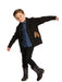 A young boy modeling a dark brown knit cardigan with a horse patch, worn over a blue denim shirt and black pants, against a textured cream background.