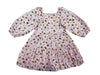 A pink tiered baby dress with long puff sleeves, featuring an all-over print of brown boots, pink boots, and small stars on a white background.