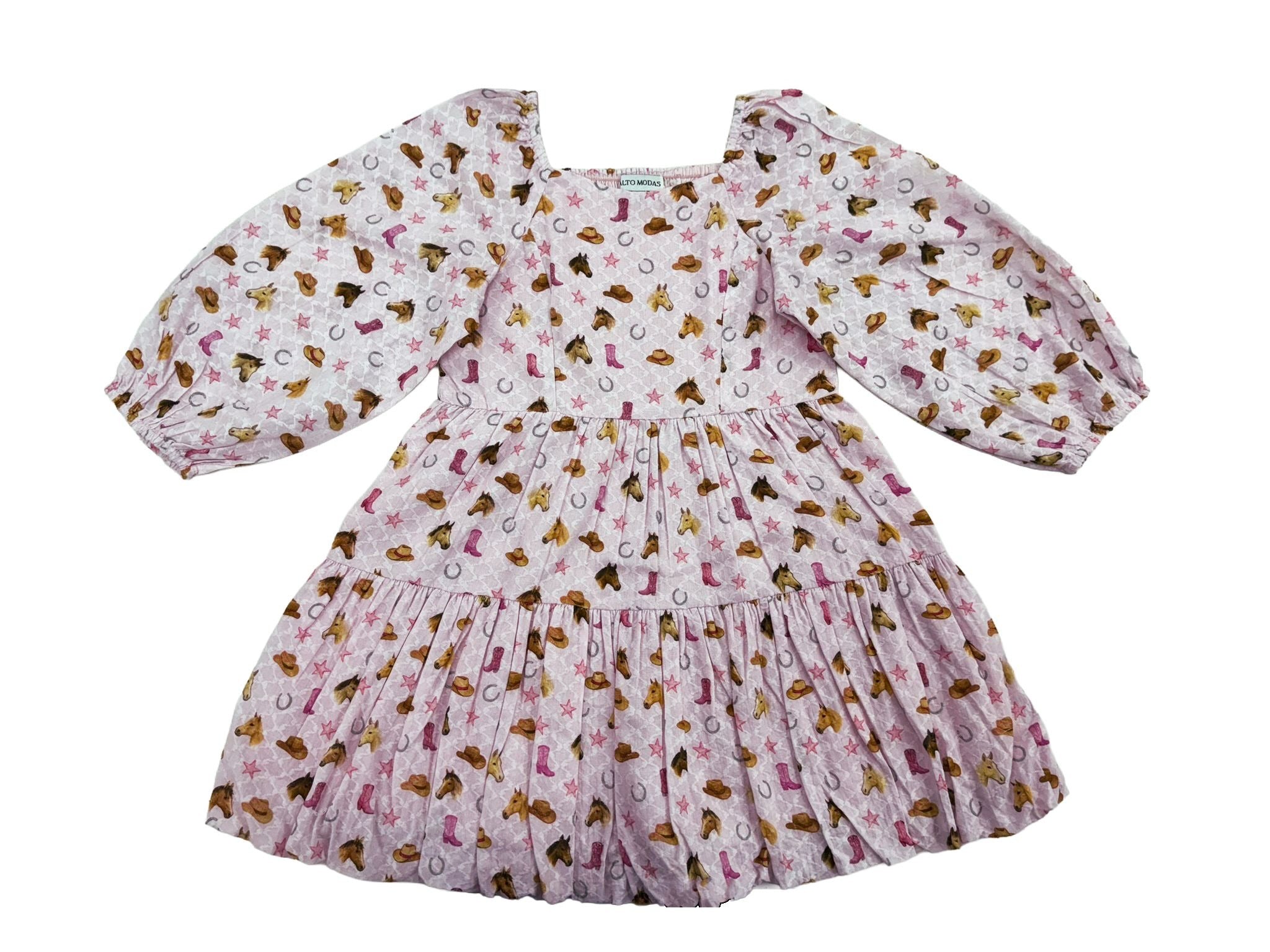 A pink tiered baby dress with long puff sleeves, featuring an all-over print of brown boots, pink boots, and small stars on a white background.