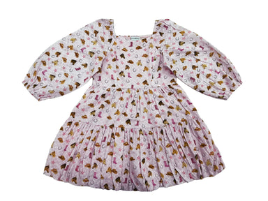 A pink tiered baby dress with long puff sleeves, featuring an all-over print of brown boots, pink boots, and small stars on a white background.