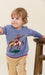 Toddler wearing a blue sweater with a colorful rodeo horse graphic and tan cargo pants by Pink Chicken
