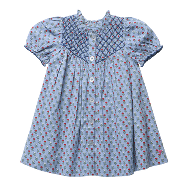 A light blue cotton dress for toddlers or girls, featuring a small red and white carnation print, a smocked blue yoke with white buttons, and short puff sleeves.