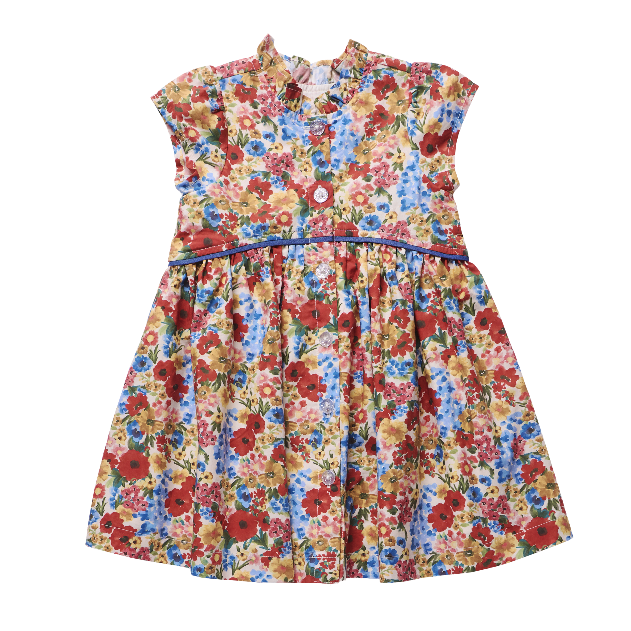A sleeveless baby girl's dress with a colorful floral print, featuring a light blue bodice with a button-down front and a flared skirt with an all-over floral pattern.