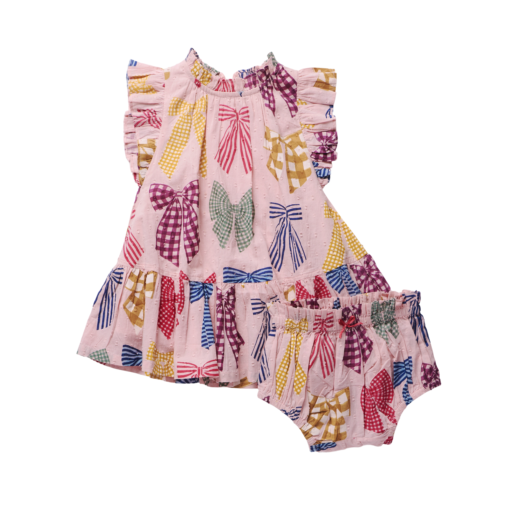 A baby girl's two-piece ruffle outfit set consisting of a pink sleeveless top and matching bloomers, both decorated with a colorful pattern of gingham and striped bows in red, blue, green, yellow, and purple.