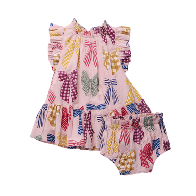 A baby girl's two-piece ruffle outfit set consisting of a pink sleeveless top and matching bloomers, both decorated with a colorful pattern of gingham and striped bows in red, blue, green, yellow, and purple.