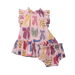 A baby girl's two-piece ruffle outfit set consisting of a pink sleeveless top and matching bloomers, both decorated with a colorful pattern of gingham and striped bows in red, blue, green, yellow, and purple.