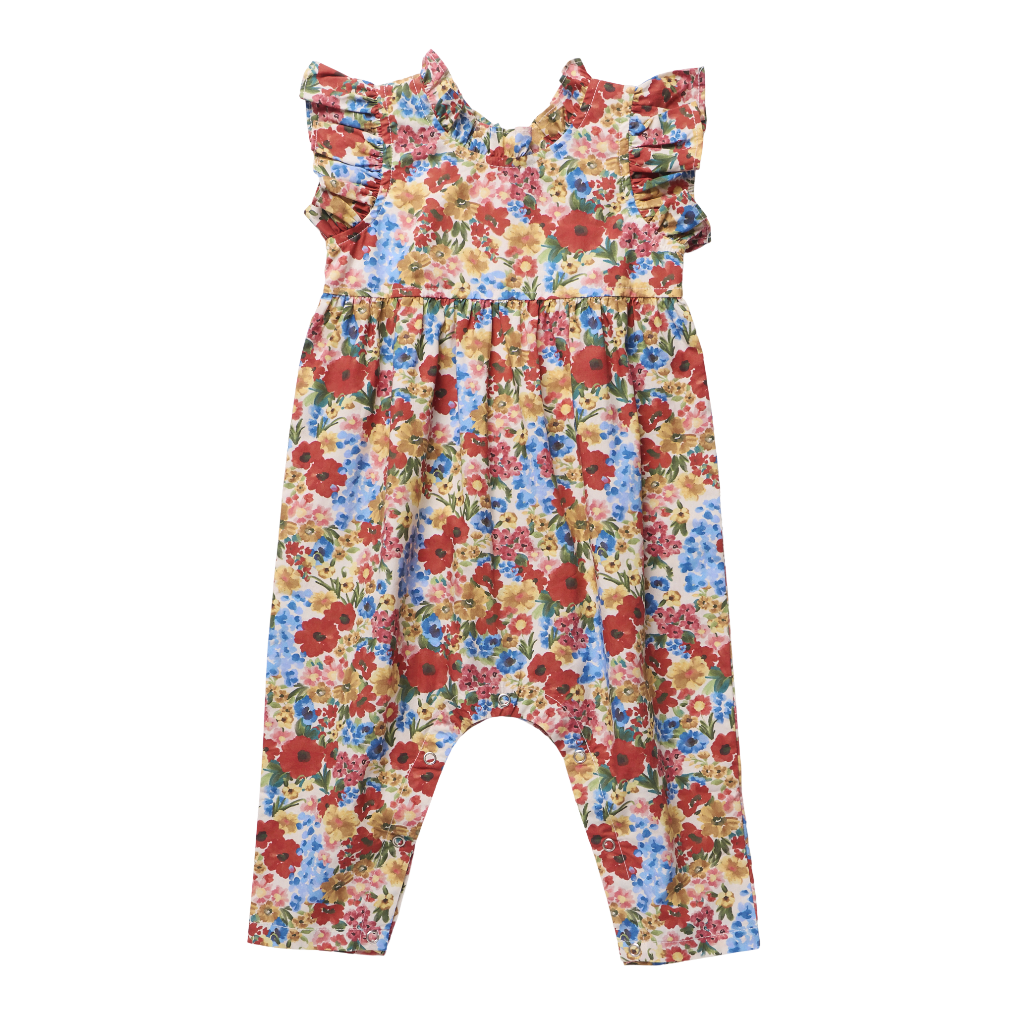 A sleeveless baby romper with ruffled shoulder straps and a split crotch, featuring a vibrant multicolor floral print on a light cream background.