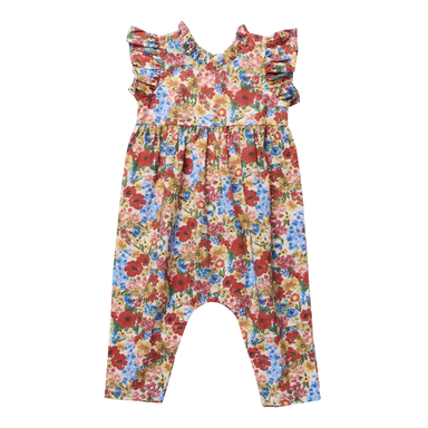 A sleeveless baby romper with ruffled shoulder straps and a split crotch, featuring a vibrant multicolor floral print on a light cream background.