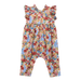 A sleeveless baby romper with ruffled shoulder straps and a split crotch, featuring a vibrant multicolor floral print on a light cream background.