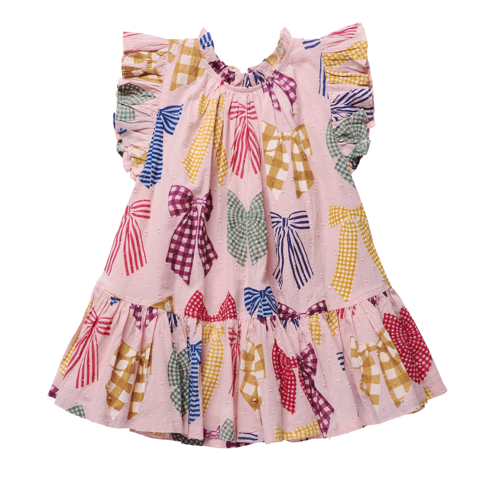A pink tiered baby dress with a colorful bow and gingham pattern, featuring ruffled cap sleeves and a smocked neckline.
