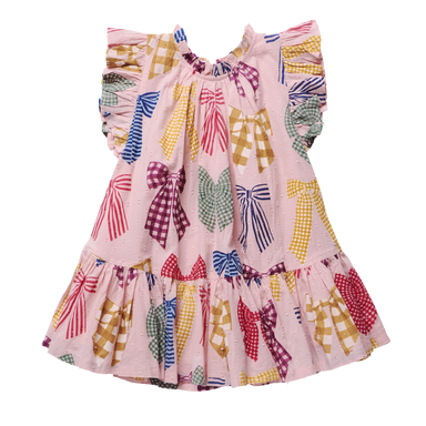 A pink tiered baby dress with a colorful bow and gingham pattern, featuring ruffled cap sleeves and a smocked neckline.