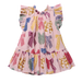 A pink tiered baby dress with a colorful bow and gingham pattern, featuring ruffled cap sleeves and a smocked neckline.