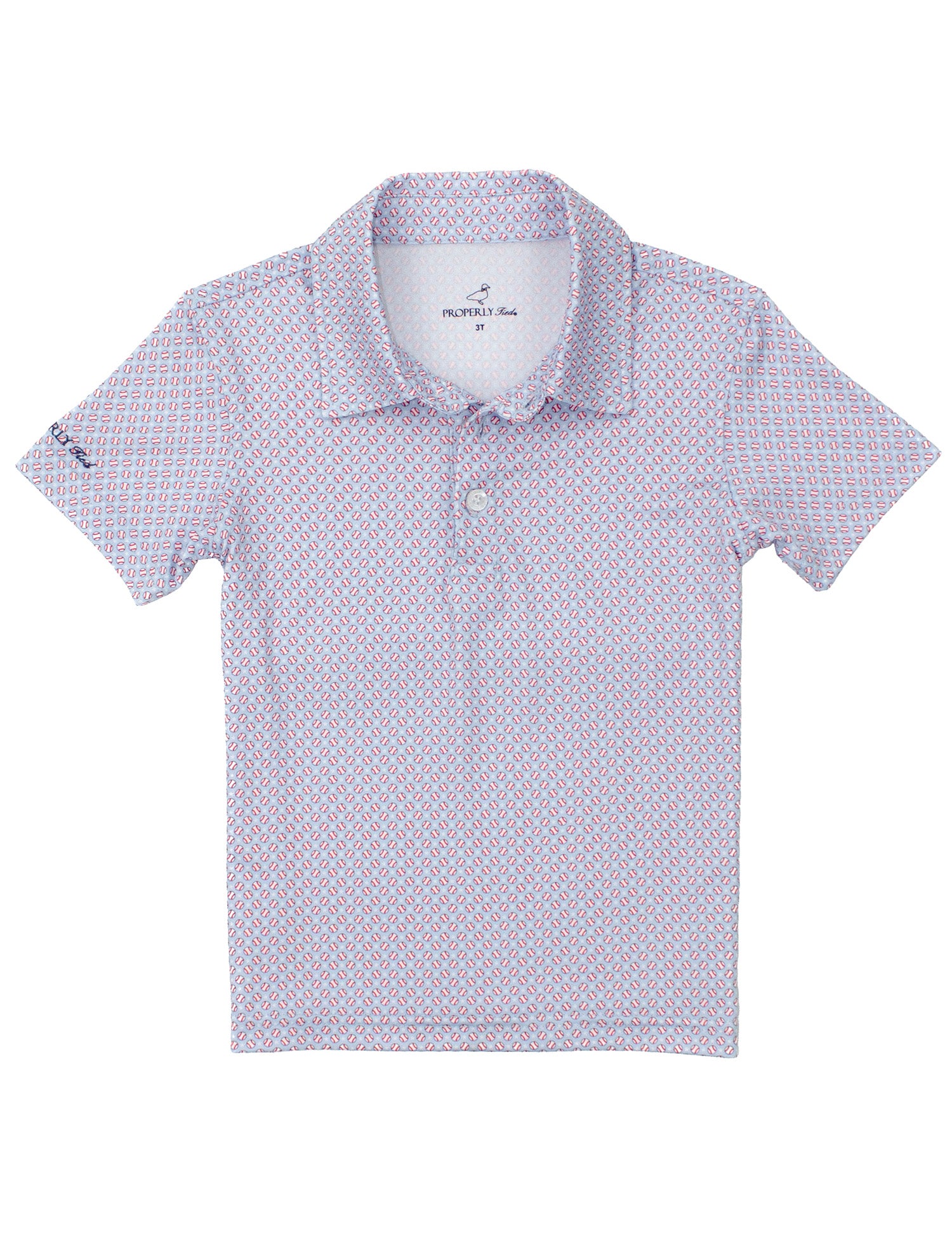 Short-sleeve polo shirt with a subtle baseball pattern on a white background