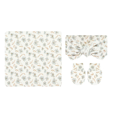 A baby accessory set featuring a square fabric cloth with a delicate floral print, a matching bow headband, and two matching mittens, all in a soft cream color with light blue and tan floral motifs.