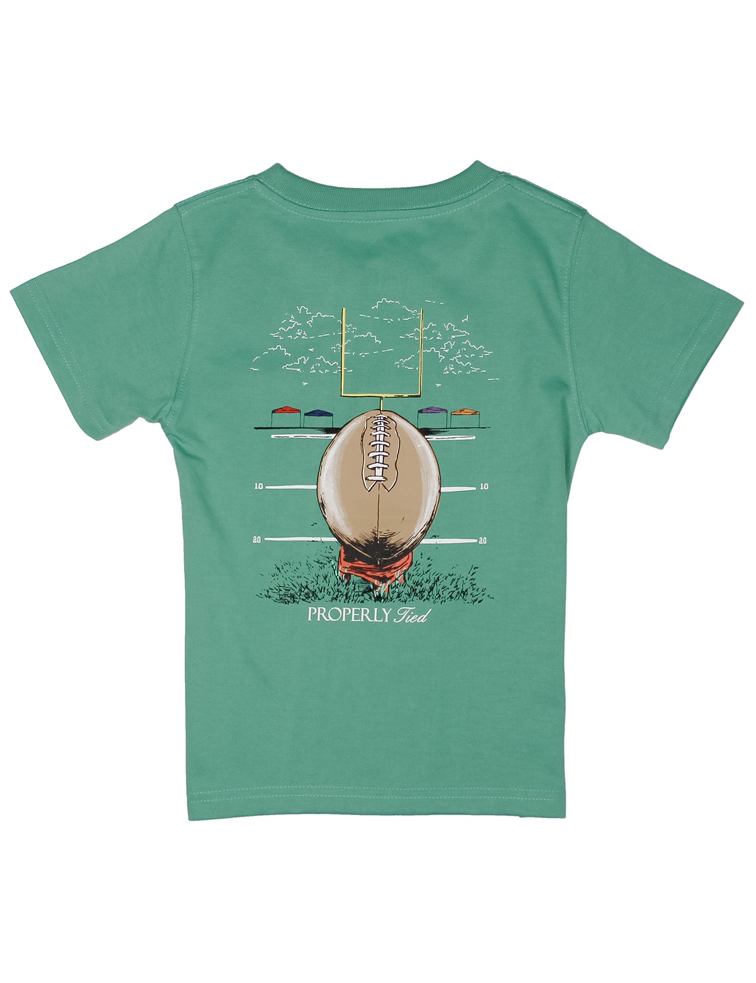 Green t-shirt with a football graphic and 'Properly Tied' text on a white background