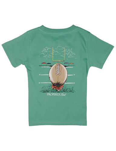 Green t-shirt with a football graphic and 'Properly Tied' text on a white background