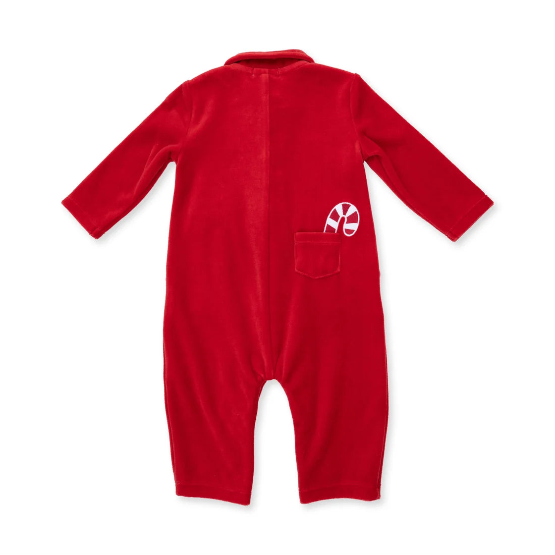Red baby onesie with a white and red candy cane design in the back pocket on a white background