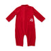 Red baby onesie with a white and red candy cane design in the back pocket on a white background