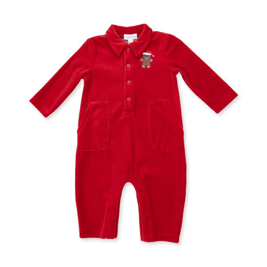 A baby's long-sleeve red velour jumpsuit with a polo-style collar, three-button placket, and two front patch pockets, featuring a small embroidered Santa Claus graphic on the left chest.