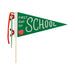 Green pennant flag with 'First Day of School' text and red apple on a white background