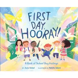 Book cover of 'First Day, Hooray!' with children and colorful design