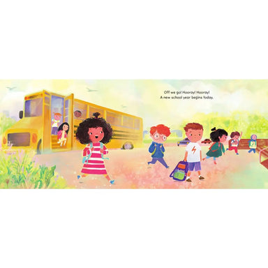 Illustration of children boarding a school bus with text about a new school year.