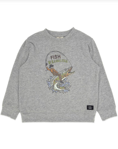 A heather gray crewneck sweatshirt featuring a vintage-style graphic of a fisherman holding a fishing rod with the words 'FISH WEARABLE' above a large fish. A small black brand tag is visible on the lower right hem.