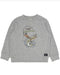 A heather gray crewneck sweatshirt featuring a vintage-style graphic of a fisherman holding a fishing rod with the words 'FISH WEARABLE' above a large fish. A small black brand tag is visible on the lower right hem.