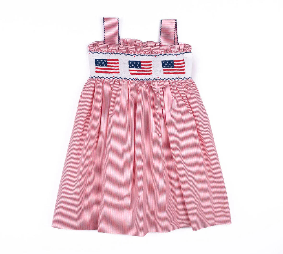 Pink striped dress with American flag design on a white background