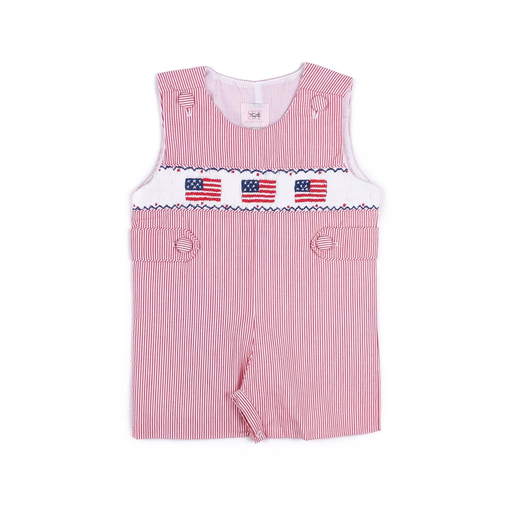 Red and white striped romper with American flag design on a white background