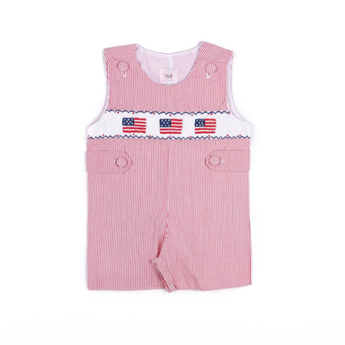Red and white striped romper with American flag design on a white background